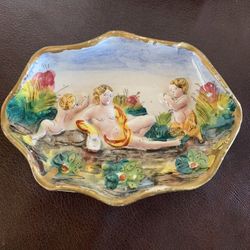 Vintage Majolica Capodimonte Porcelain Cherub Putti Jewelry dish. Made in Italy