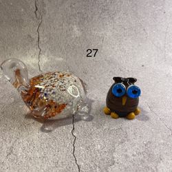 $29. Each. (1) Vintage Murano Millifore Art Glass Turtle Paperweight Figurine.  (1) Vintage Hand-Blown Swirl Art Glass Owl Multicolor Gold Flecks Larg