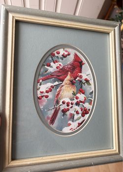 🩵 Vintage rustic/shabby chic winter cardinal picture in wood frame 🎄