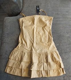 Tan Strapless Mini Dress with Tiered Ruffle Hem