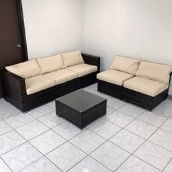 (NEW) $395 (6-Piece) Patio Furniture Set Outdoor Sectional Set Wicker Rattan Sofa Chair Set w/ Cushion, Glass Table 