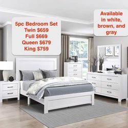 5 Pc Bedroom Set White Color. Choose Size 