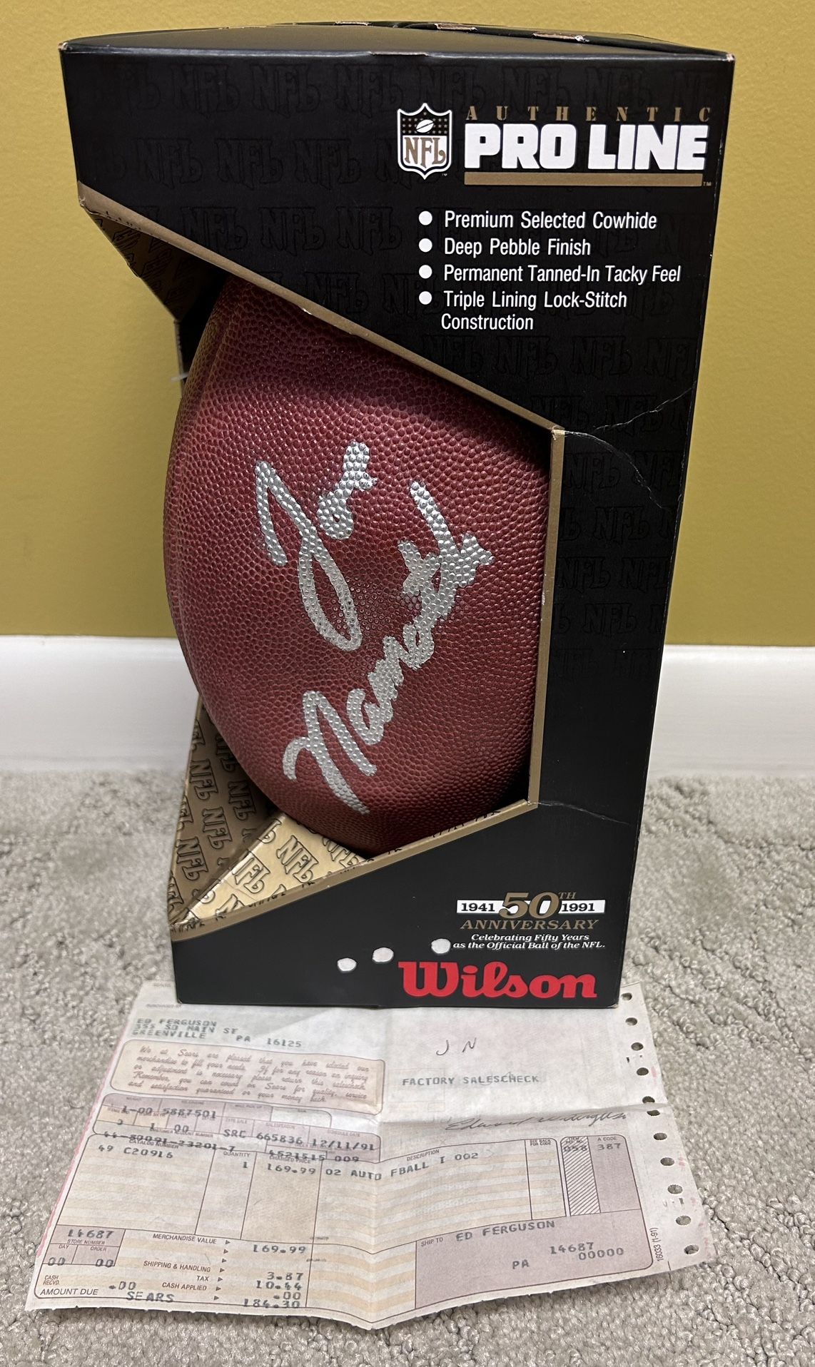 Joe Namath New York Jets Signed Football With Receipt