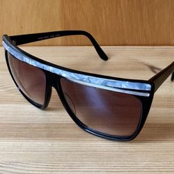 Vintage Black Sunglasses Double Brow Bar Gray Pearl Round Purple Lens Hong Kong