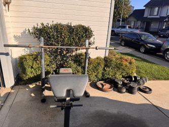Workout Bench, Olympic Barbell, And Weight Plate Set