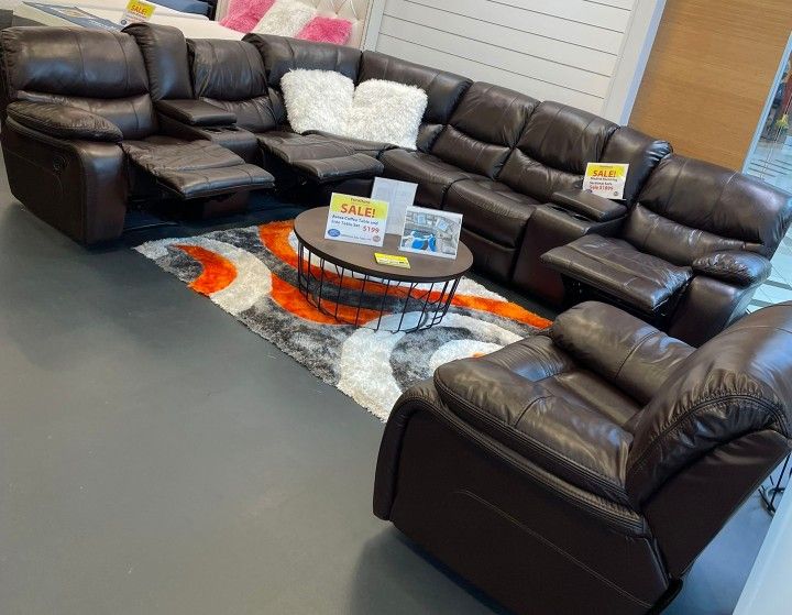 BROWN OR GREY LEATHER GEL SECTIONAL WITH 3 RECLINERS!!! JUST $50 DOWN AND 90 DAYS NO INTEREST!!! IN STOCK NOW FOR SAME DAY DELIVERY!!!