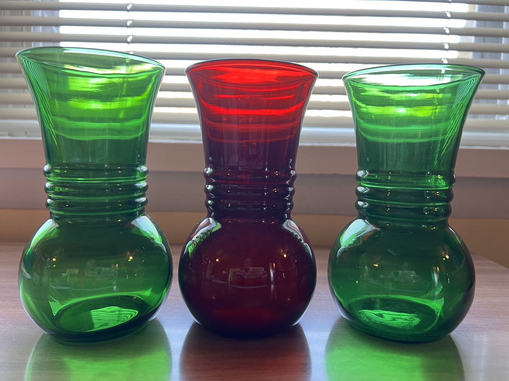 3 Colored Glass Vases 