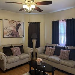 Living Room Decorations, 3 Pink Sofa Pillows,2pink Curtains, Table Pink Flower Center And Large Frame Pink, Brown, Gold And White
