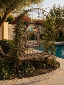 Gorgeous WROUGHT IRON Trellis and BENCH with STAIN GLASS