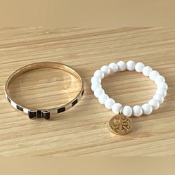 Kate Spade, Gold, Black, White, Rustic Cuff - Gold Signature Tag & White Beads