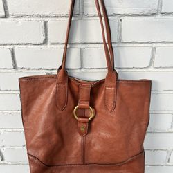 FRYE Leather Tote Bag – Cognac Brown – Brass Ring Detail – 60.3 cm Wide