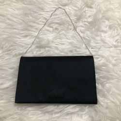 KATE SPADE BLACK DUCHESS SATIN MINIMALIST SMALL EVENING BAG W/ THIN SILVER CHAIN