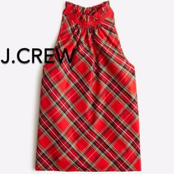 (NEW) (1 AVAILABLE) WOMEN’S J.CREW RUFFLENECK SLEEVELESS COTTON-POPLIN TOP IN GOOD TIDINGS PLAID - SIZE: EXTRA SMALL (MSRP: $89.50) 