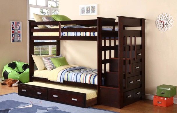 Twin / Twin Ladder Bunk Bed with Pullout Trundle Bed Espresso Finish