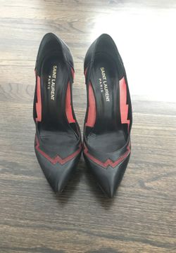 SAINT LAURENT WOMEN'S BLACK/RED MESH LEATHER HIGH HEEL PLATFORM PUMPS SHOES. SIZE 37
