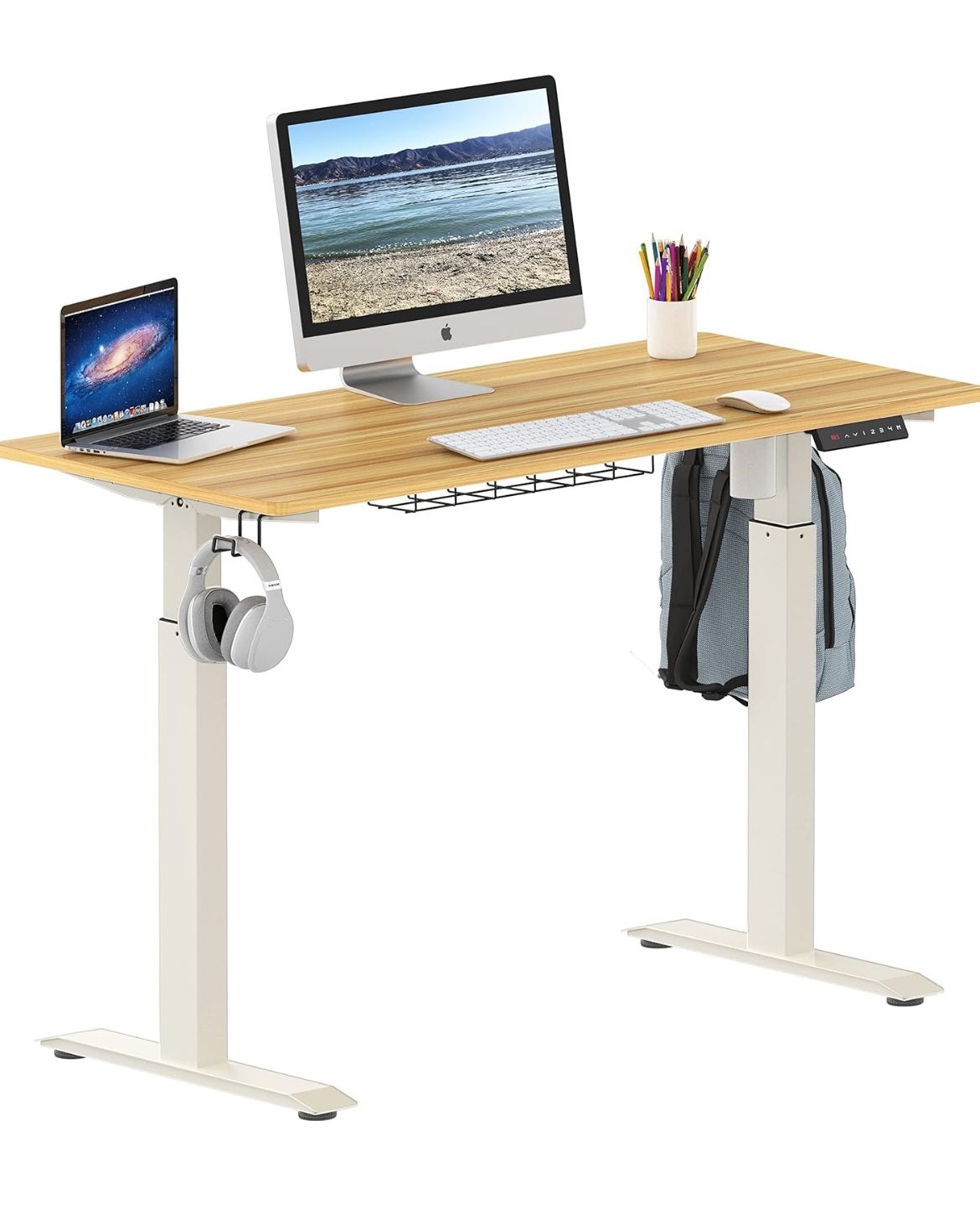 SHW Electric Stand Up Desk Frame Workstation | Ergonomic Standing Height Adjustable Computer Desk for Home and Office | White White White