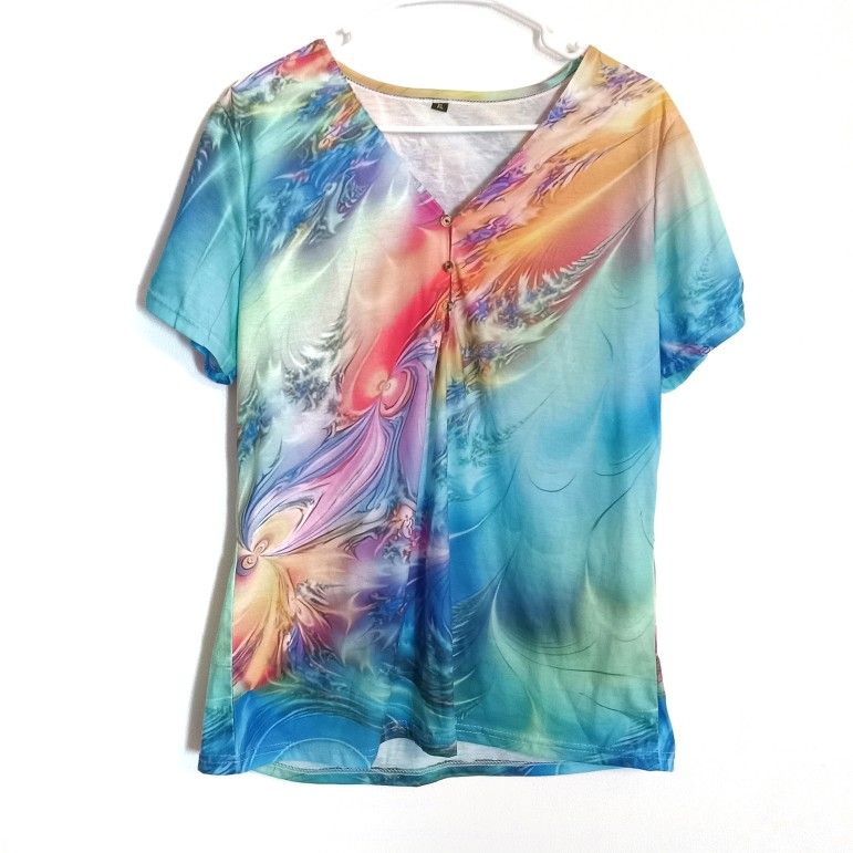 V neck tie dye multi-colored short sleeve top t shirt size XL new 