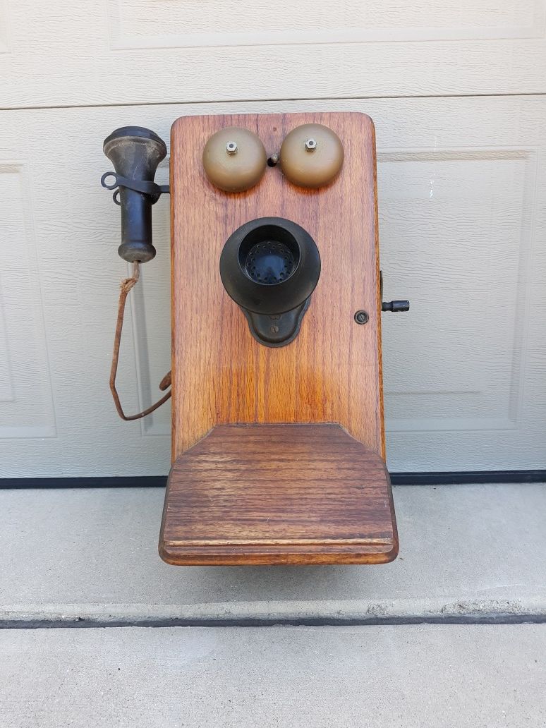 Vintage Antique Wooden Wall Phone with Electrical Insides