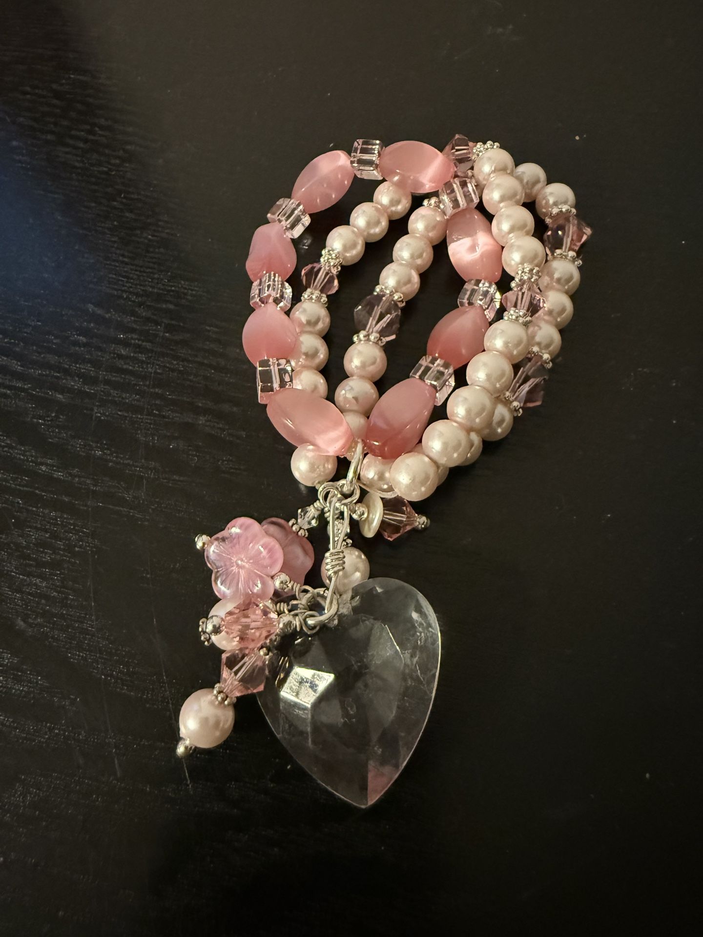 Handmade Three Strand Pink Beaded and Pearl Bracelet with Charms