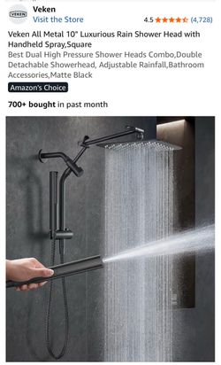 Veken All Metal 10" Luxurious Rain Shower Head with Handheld Spray, Square Best Dual High Pressure Shower Heads Combo, Double Detachable Showerhead, A