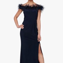 Alex Evenings Women's Long Length Off The Shoulder Gown with Front Slit and Maribou Detail Neckline, Formal Party Dress