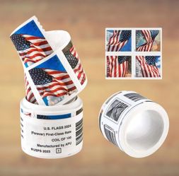 Rolls of 100 first class flag forever postage stamps
