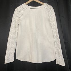 Ann Taylor Loft Cream Cable Knit Sweater Womens L 100% Cotton Ivory Crew EUC