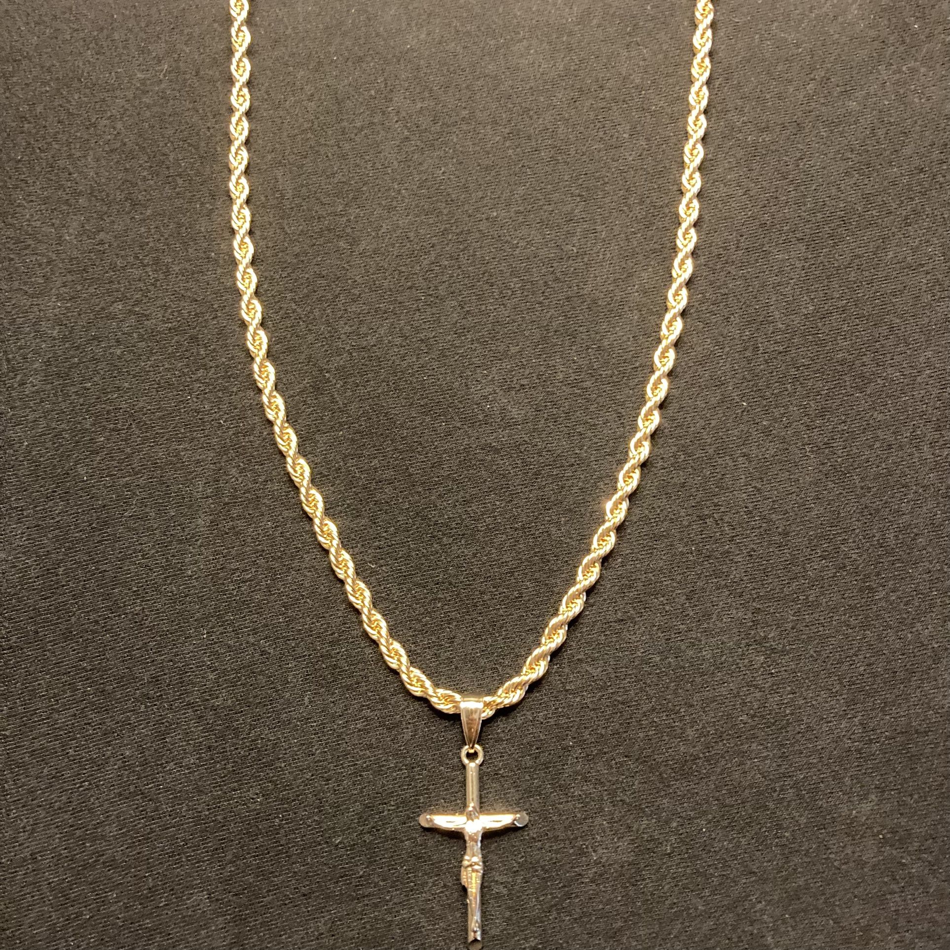 Gold Chain Rope Chain Necklace 20in 4mm And Gold Cross Crucifix Pendant Set 