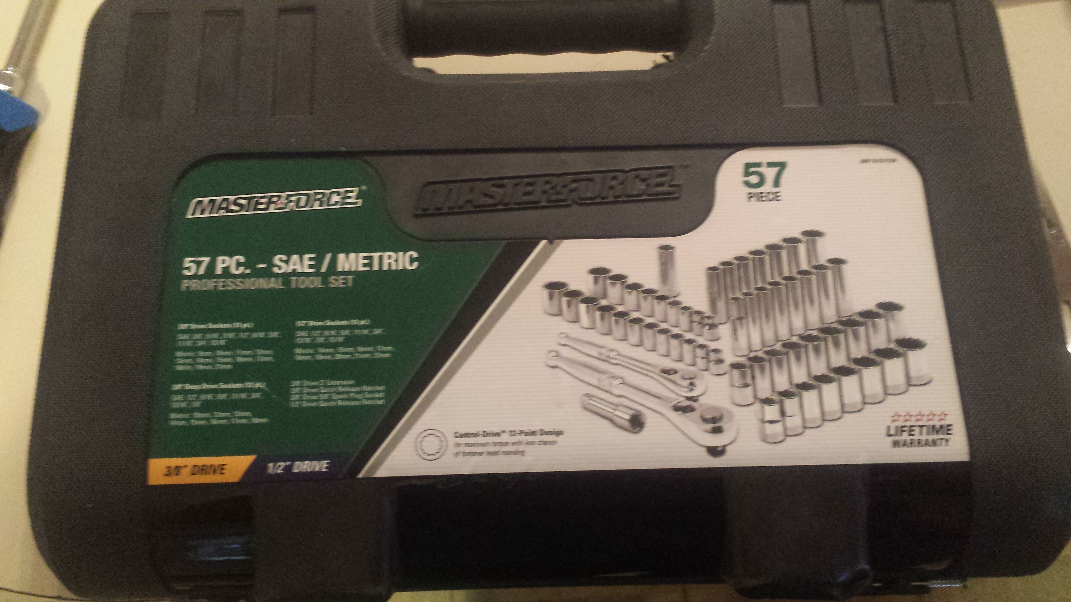 MASTERFORCE 57 PC. PROFESSIONAL MACHANICS TOOL SET. 3/8 AND 1/2 INCH DRIVE SAE/METRIC