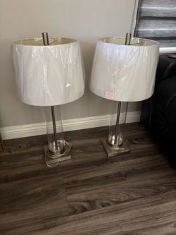 Pair of Glass and Brushed Nickel Table Lamps