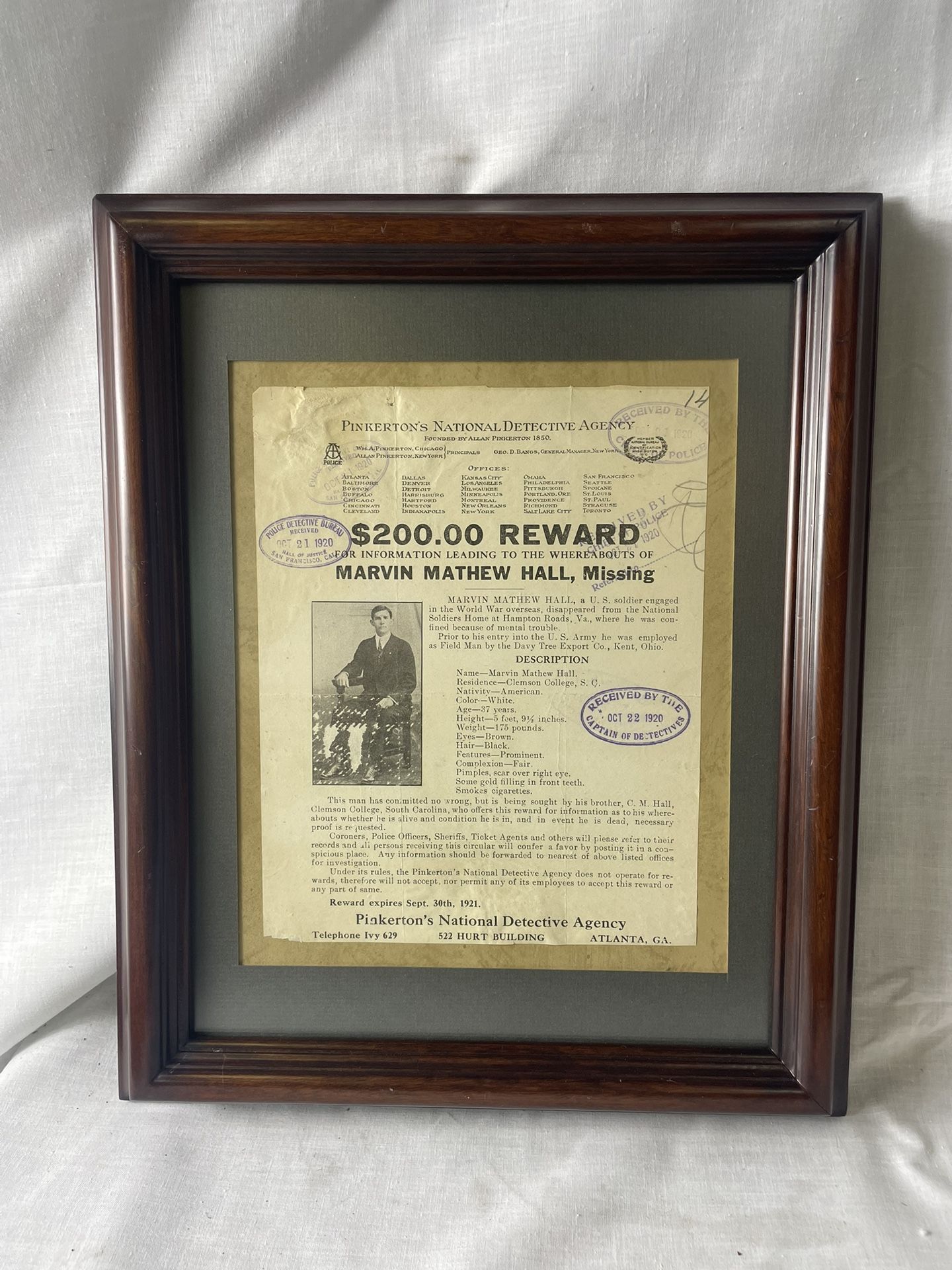 ORIGINAL 1920 Pinkerton Detective Agency 'Wanted REWARD Poster'