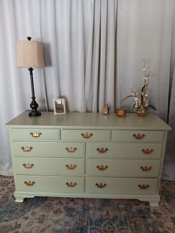 Beautiful solid wood cherry triple dresser repurposed in sage green