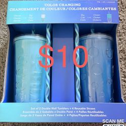 Color Changing Set Of 2 Wall Tamblers + 4 Reusable Straws