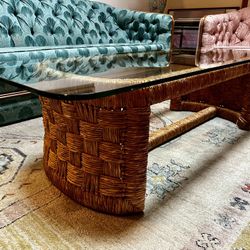 Vintage woven wicker coffee table with glass top