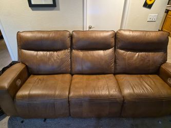 Brown Leather Reclining Sofa with USB outlets
