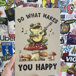 Happy Frog Mushroom Guitar Metal Sign