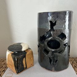 Vintage lot 2- Handcrafted Glazed Studio Pottery Tea Light Candle Canister Jar Lidded Stoneware Artwork Art Japanese Vase