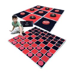 SWOOC Games - 2-in-1 Vintage Giant Checkers & Tic Tac Toe Game With Mat (4ft x 4ft) - 100% Machine-Washable Canvas - Giant Outdoor Games For Kids - Gi