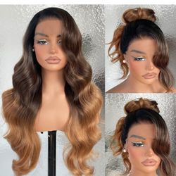 13x6 Ombre Brown to Blonde HD Glueless Lace Frontal Wigs Pre-Plucked, 200 Density Similar Human Hair Synthetic Long Body Wave Lace Front Wig Ready to 