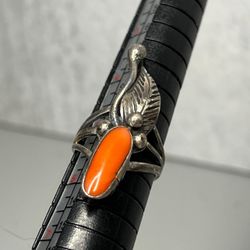 Vintage Navajo native coral sterling silver 925 statement ring Leaf Raindrop