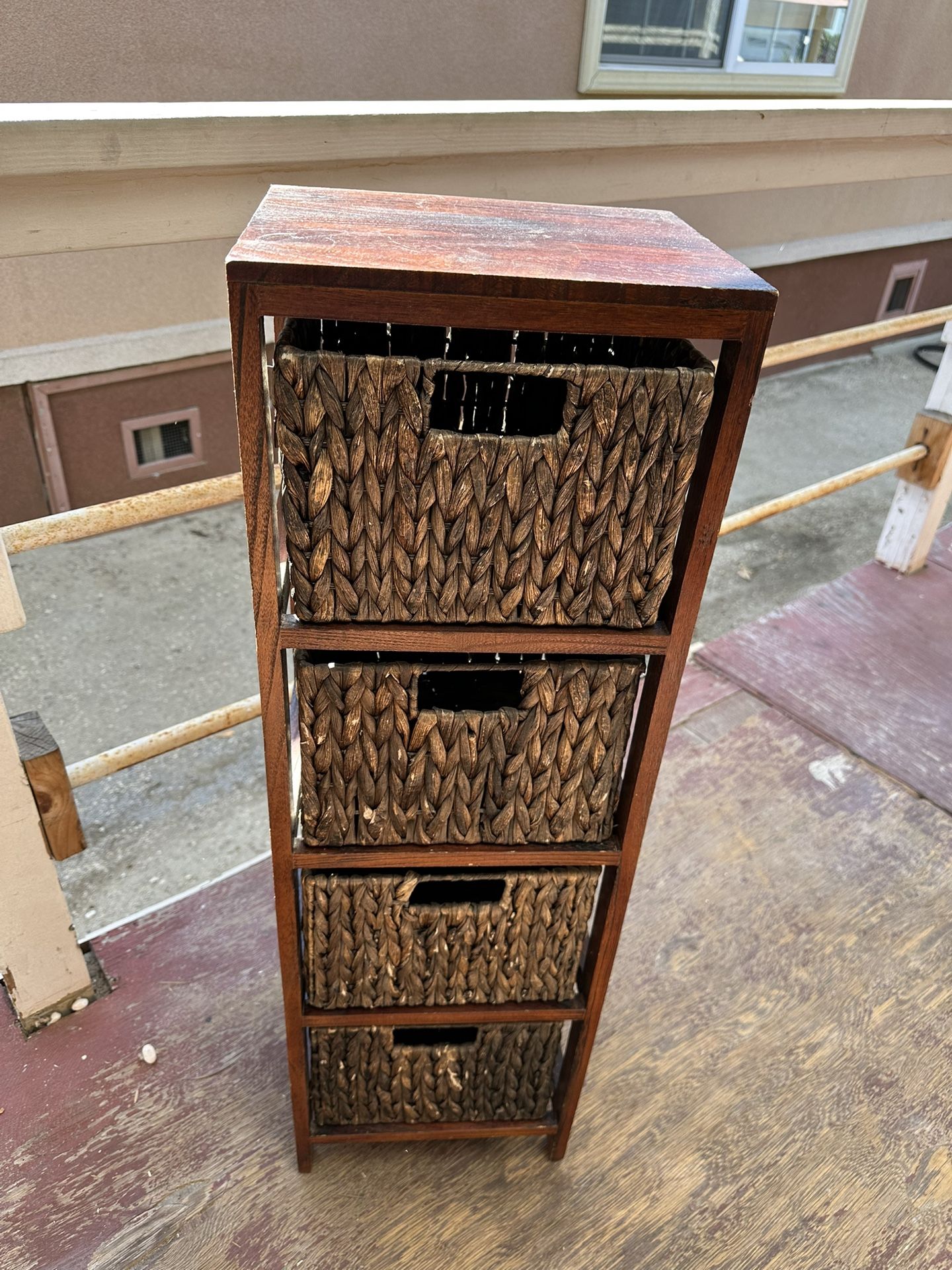 Brown wood and wicker rattan 4 shelf cabinet 12w x 9.5d x 38h