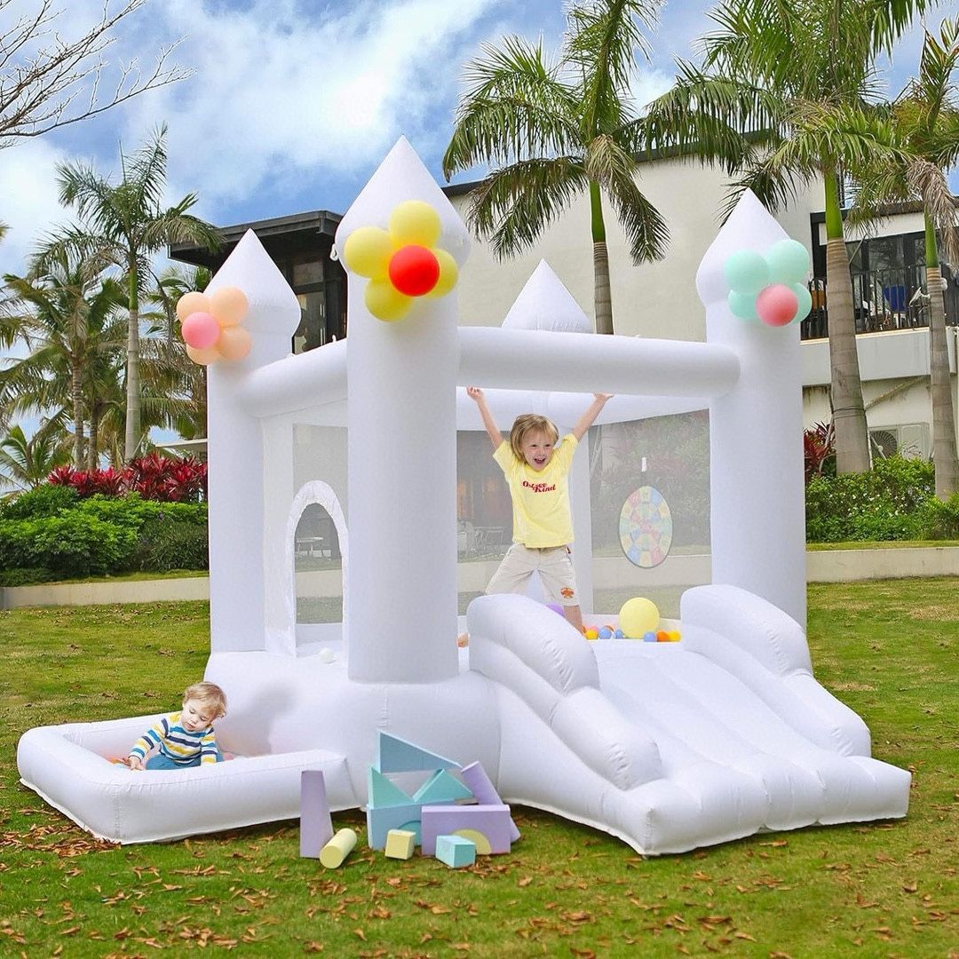 White Bounce House, Inflatable Trampoline with Blower, Jumping