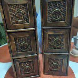 I15"X5"X5" Vintage Rustic Boho Chic Scorched Bamboo Trim Box with Cane Drawers and Brass Ring Pulls - Jewelry Box, Sewing Box, Desk Organizer