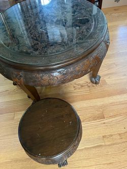 Wood Carved Chinese tea table And 1 Stool
