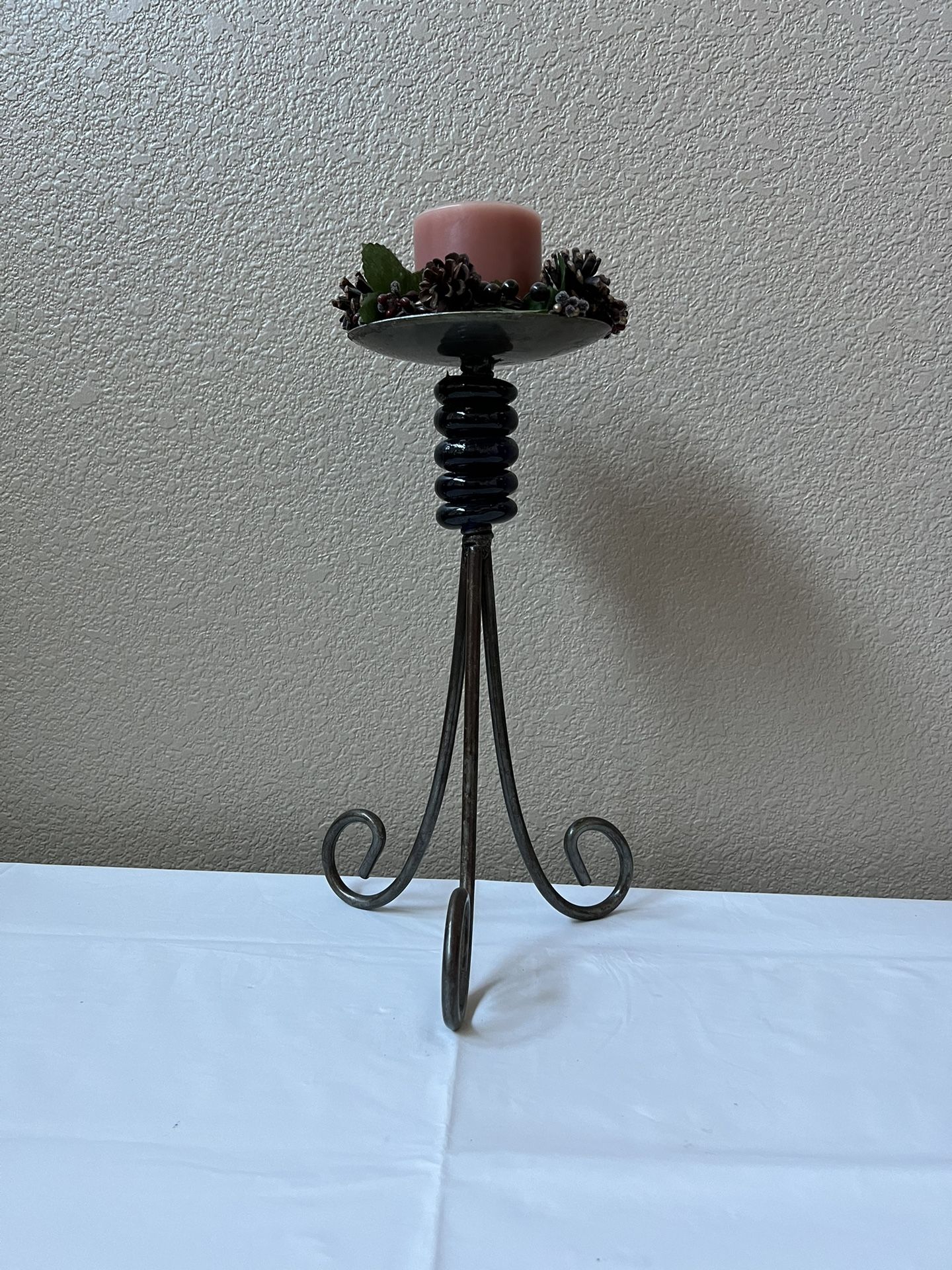 Rustic Brass Metal Cobalt Blue Glass Pillar Candle Holder With Candle