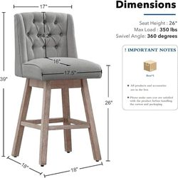 E449 $80  Upholstery Bar Stools Set of 2, 26 Inch Counter Height Barstools with Solid Wood Legs, 360° Swivel Stools for Island, Kitchen(Gray)  Product