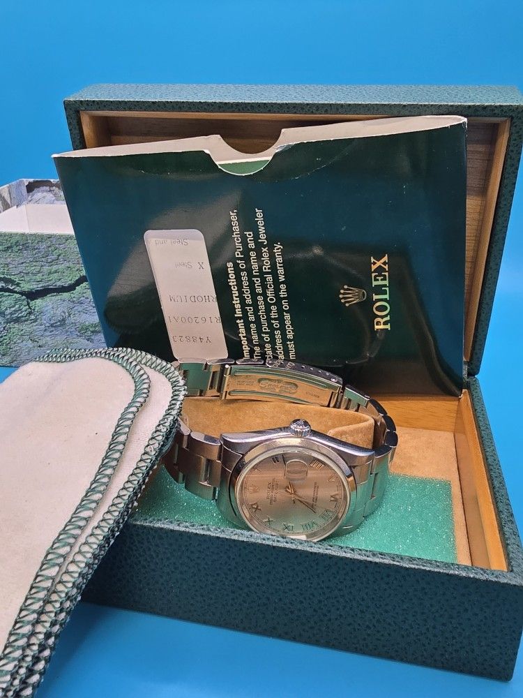 Men's Rolex Ref 16200 2002 Datejust 36mm Stainless Rhodium Dial With Box And Papers