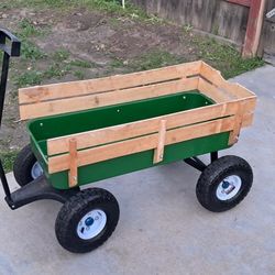 Green Wagon made in  metal and wood 