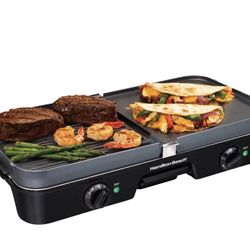 Hamilton Beach 3-in-1 Electric Indoor Grill + Griddle, 8-Serving, Reversible Nonstick Plates, 2 Cooking Zones with Adjustable Temperature (38546), Bla