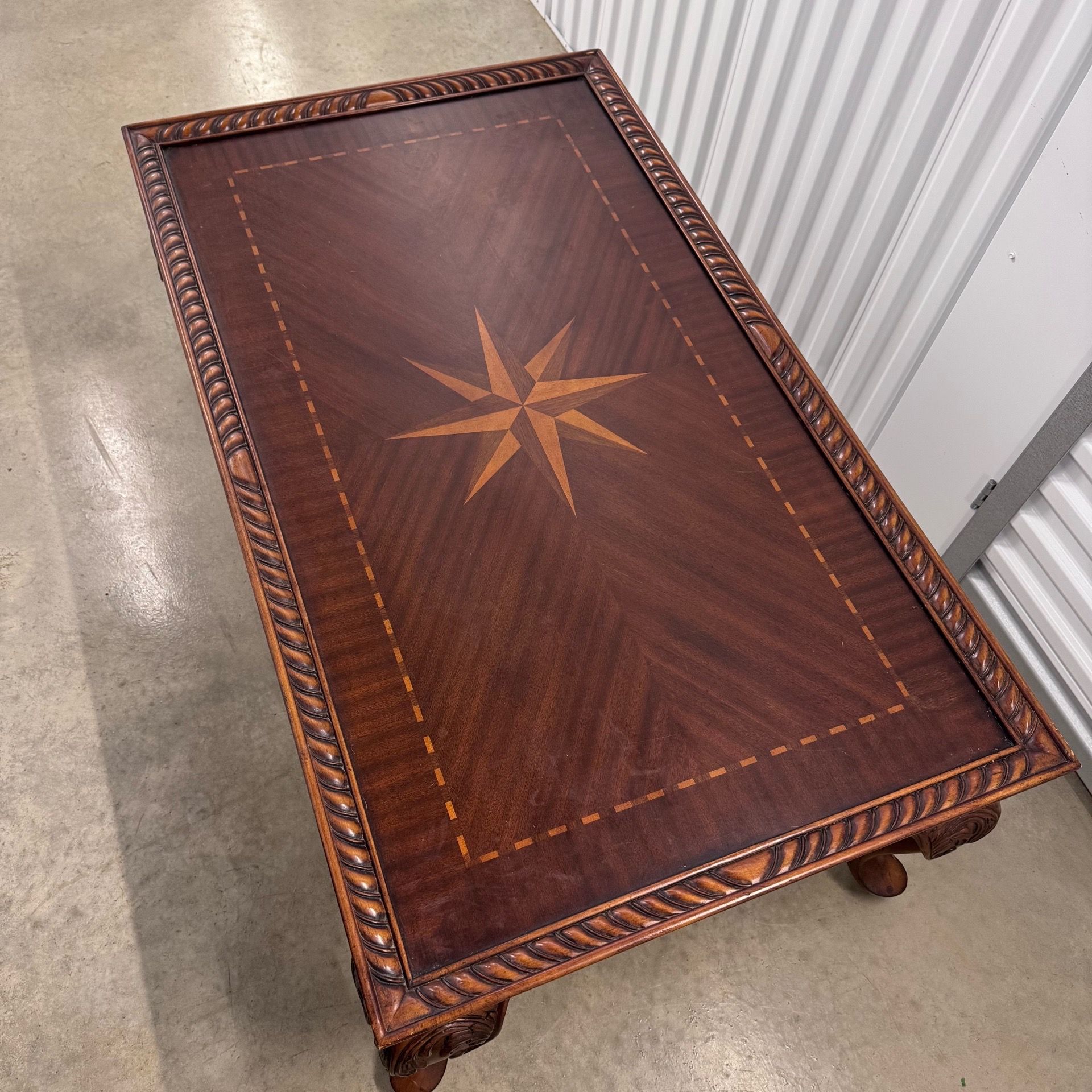 Dark Wood Coffee Table Compass Star Carved Cabriole Legs
